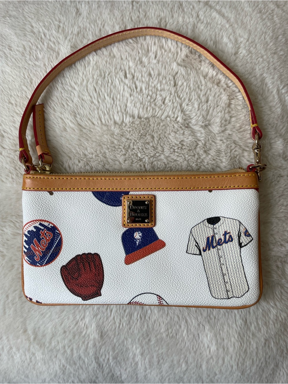 Dooney & Bourke White Mets Print Wristlet with Tan Trim - NWOT